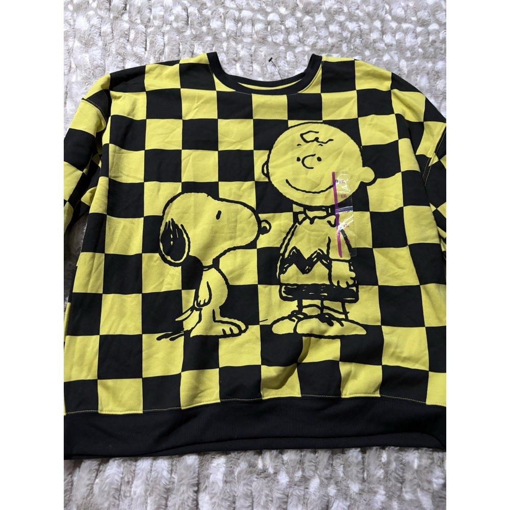 Peanuts Hybrid Checkered Black Yellow Snoopy Charlie Brown Sweatshirt Size XXL